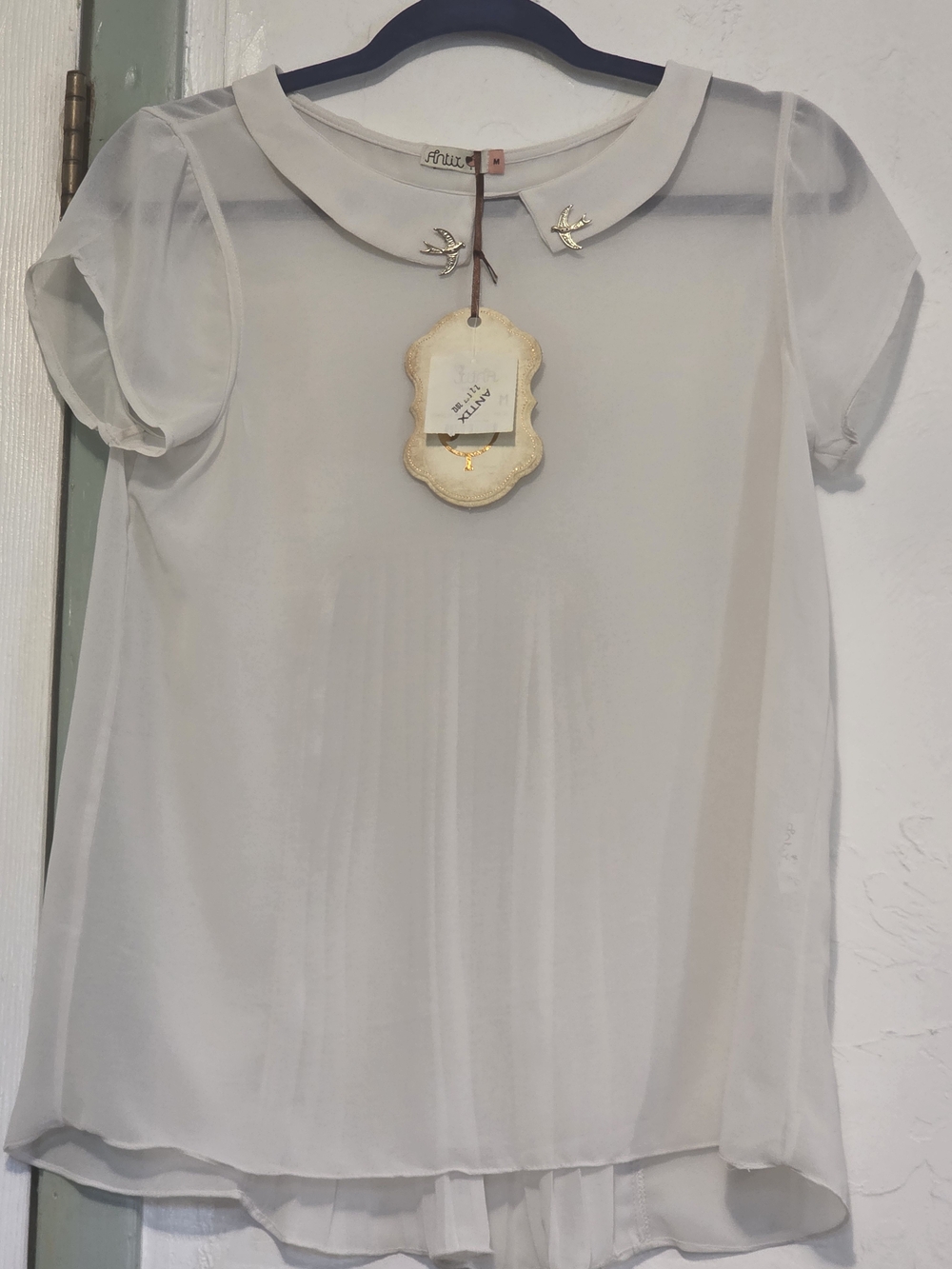 Women’s Cream Chiffon Peter Pan Collar Blouse with Bird Pins